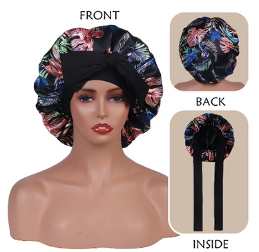 Satin Bonnet - Reversible Floral with Head Tie